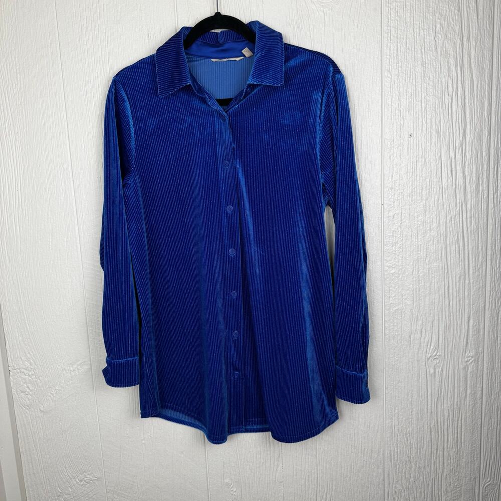 Soft Surroundings Royal Blue Velvet Boyfriend Long Sleeve Button Shirt Sz Small - Picture 7 of 8